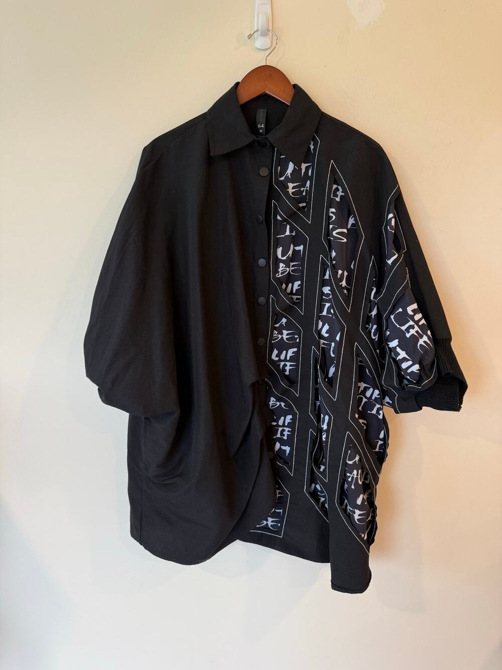 H-4 FASHION Shirt Dress Large Black Long Sleeves Graphic Print grunge goth